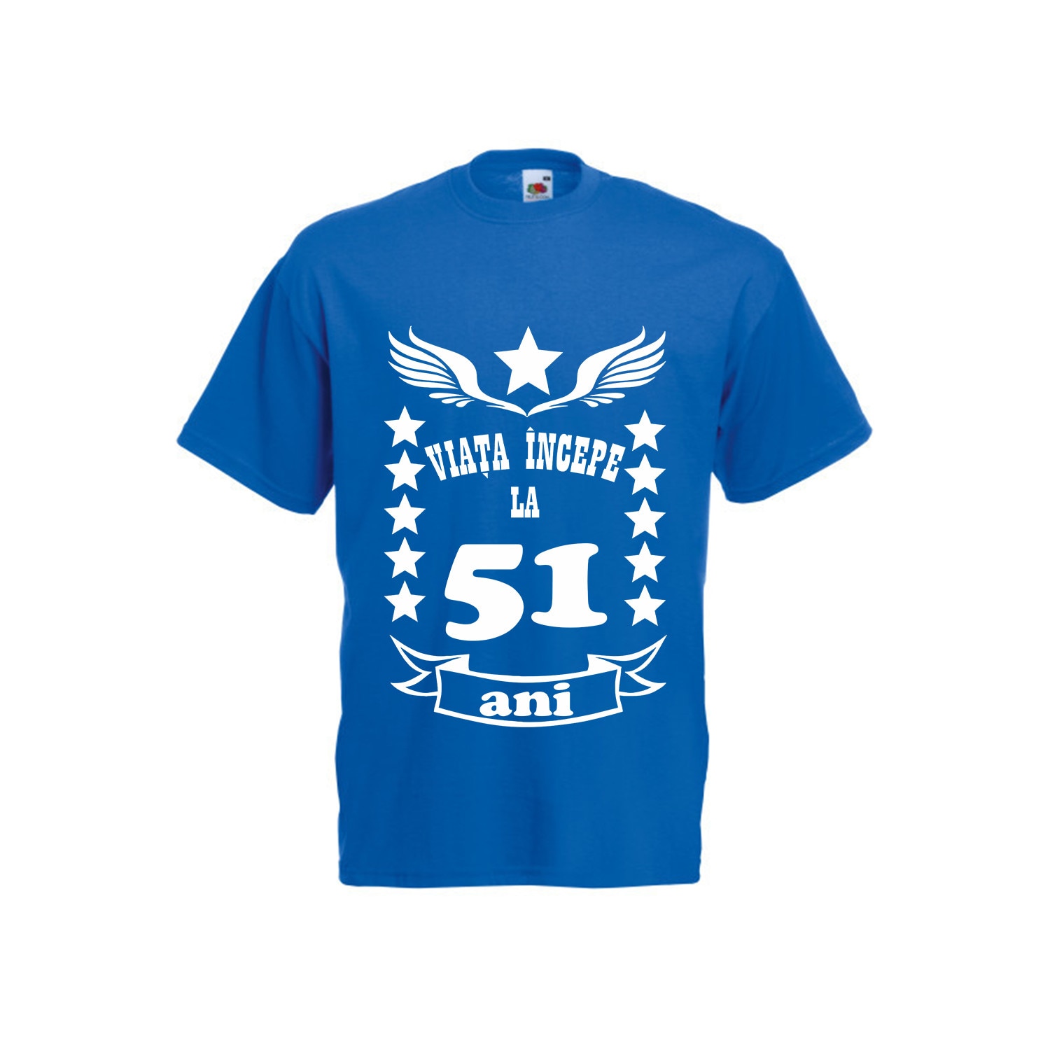 Tricou barbat imprimeu Fruit of the loom viata incepe la 51 ani ,albastru, 2XL