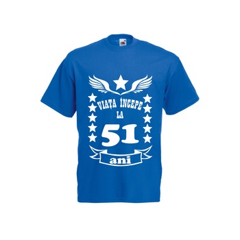 Tricou barbat imprimeu Fruit of the loom viata incepe la 51 ani ,albastru, XL Tricou barbat imprimeu Fruit of the loom viata incepe la 51 ani ,albastru, XL