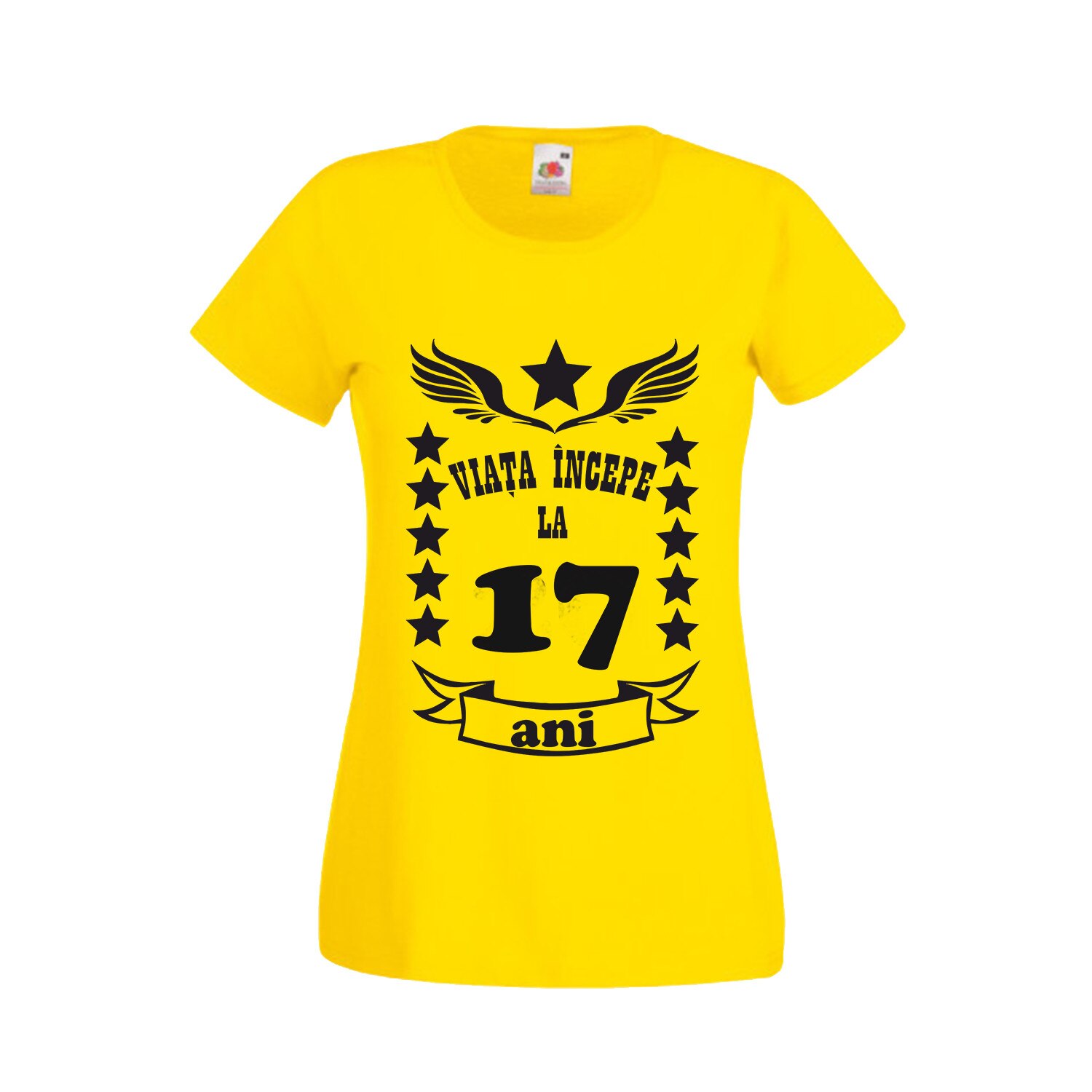 Tricou dama imprimeu Fruit of the loom aniversare varsta Viata incepe la 17 ani ,galben, XL