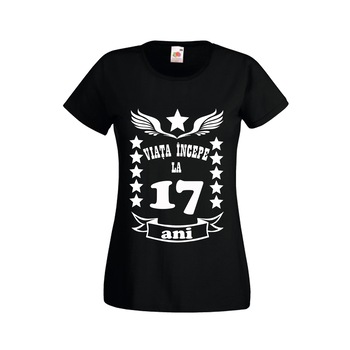 Tricou dama imprimeu Fruit of the loom aniversare varsta viata incepe la 17 ani ,negru, XL Tricou dama imprimeu Fruit of the loom aniversare varsta viata incepe la 17 ani ,negru, XL