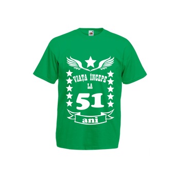 Tricou barbat imprimeu Fruit of the loom aniversare Viata incepe la 51 ani , verde , L Tricou barbat imprimeu Fruit of the loom aniversare Viata incepe la 51 ani , verde , L