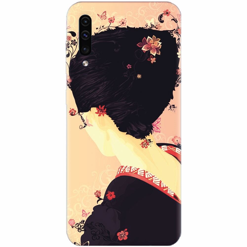 Husa silicon pentru Samsung Galaxy A70, Japanese Geisha Illustration Cherry Blossom