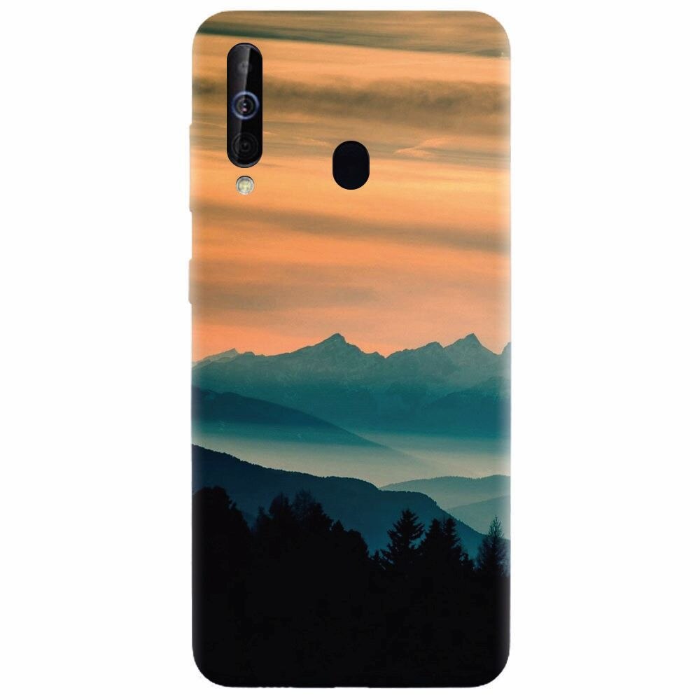 Husa silicon pentru Samsung Galaxy A60, Blue Mountains Orange Clouds Sunset Landscape