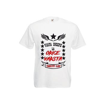 Tricou barbatesc personalizat Fruit of the loom viata incepe la orice varsta ,alb, 2XL Tricou barbatesc personalizat Fruit of the loom viata incepe la orice varsta ,alb, 2XL