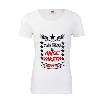 Tricou dama personalizat Fruit of the loom viata incepe la orice varsta ,alb,2XL Tricou dama personalizat Fruit of the loom viata incepe la orice varsta ,alb,2XL