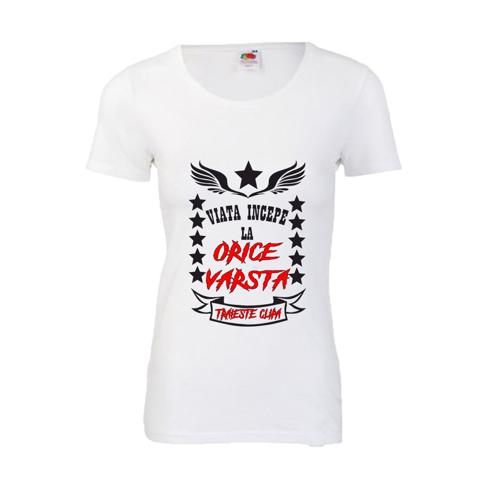 Tricou dama personalizat Fruit of the loom viata incepe la orice varsta ,alb,L