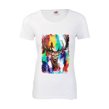 Tricou dama personalizat Fruit of the loom print in tesatura Cerb ,alb, 2XL Tricou dama personalizat Fruit of the loom print in tesatura Cerb ,alb, 2XL