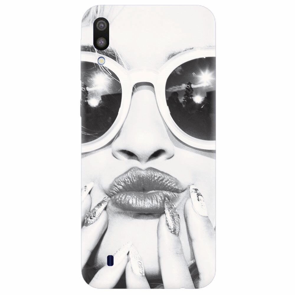 Husa silicon pentru Samsung Galaxy M10, Black And White Portrait Blonde Model In Fashion Sunglasses