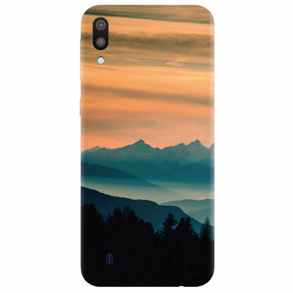 Husa silicon pentru Samsung Galaxy M10, Blue Mountains Orange Clouds Sunset Landscape
