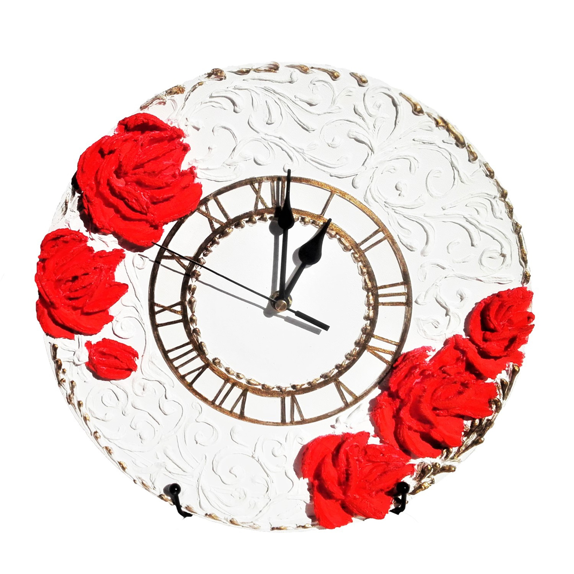 Ceas decorativ, Wonderland, rotund, alb cu rosu, 30 cm