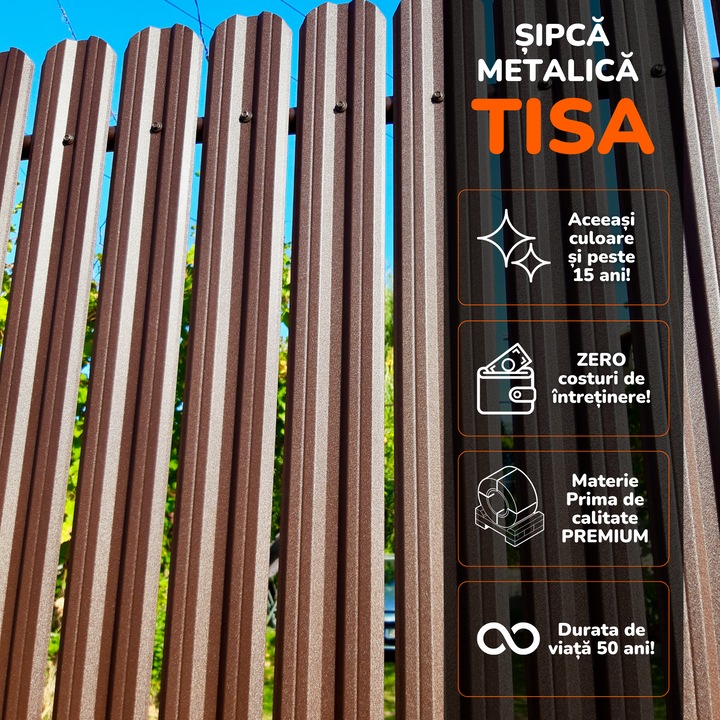Gard Sipca Metalica Tisa, Set 25 buc. + suruburi, Maro Ciocolata - Mat, 150x11.5cm / buc, Top Profil Sistem