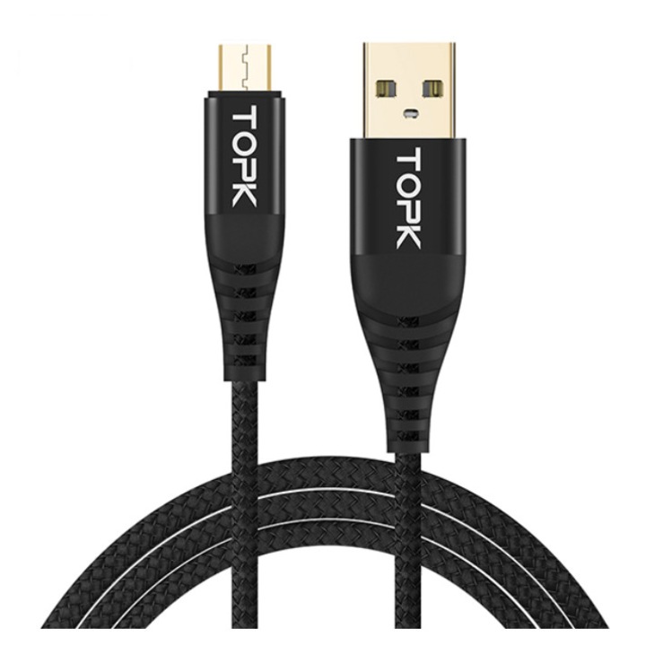 Cablu Micro USB, TOPK, 0.5 m, Design Nylon Tangle-free, Negru