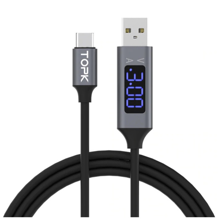 Cablu Micro USB, TOPK, Gri, 1 m, 3A, 5V, incarcare rapida, Data Sync cu cablu USB C, ecran afisare tensiune si curent