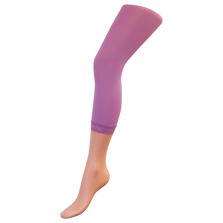 Elegáns, lila, csipkés szárú nylon gyerek leggings, lábfejnélküli harisnya (Lila, 152 (12 év))