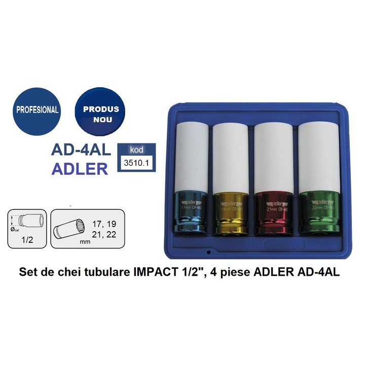 Set de chei tubulare IMPACT 1/2", 4 piese ADLER AD-4AL varianta lunga din teflon