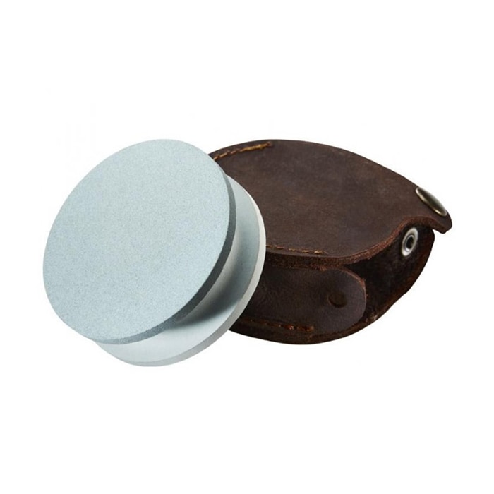 Piatra de ascutit rotunda Hultafors cu doua granulatii 180 si 600 cu husa din piele cu inchidere, 75x25 mm
