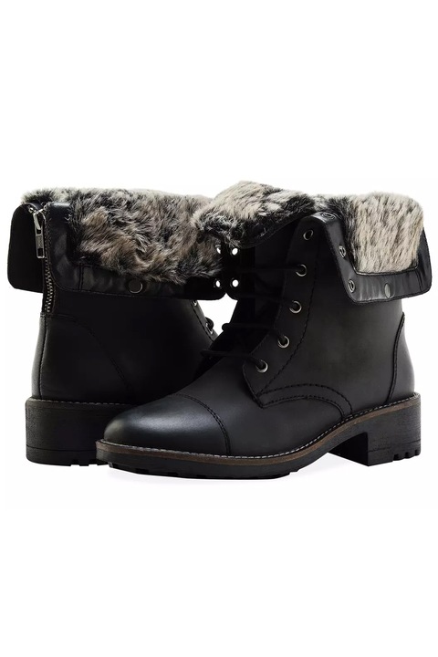 Ghete dama, Redfoot, Piele naturala, Cu sireturi, Cu fermoar, Negru, Negru mat