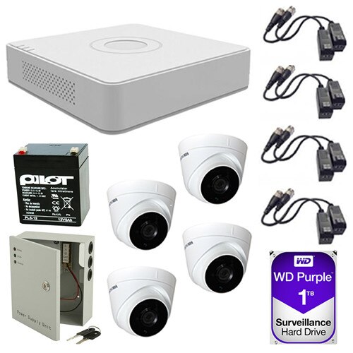 Set sistem supraveghere video 4 camere 2MP interior/exterior Hikvision, FullHD + HDD 1TB cu toate accesoriile incluse
