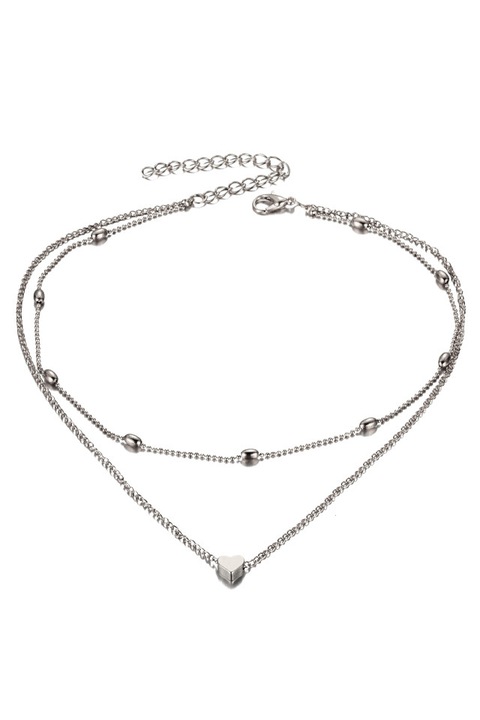 Colier Minimal dublu, cu inimioara si bilute ovale metalice, Argintiu