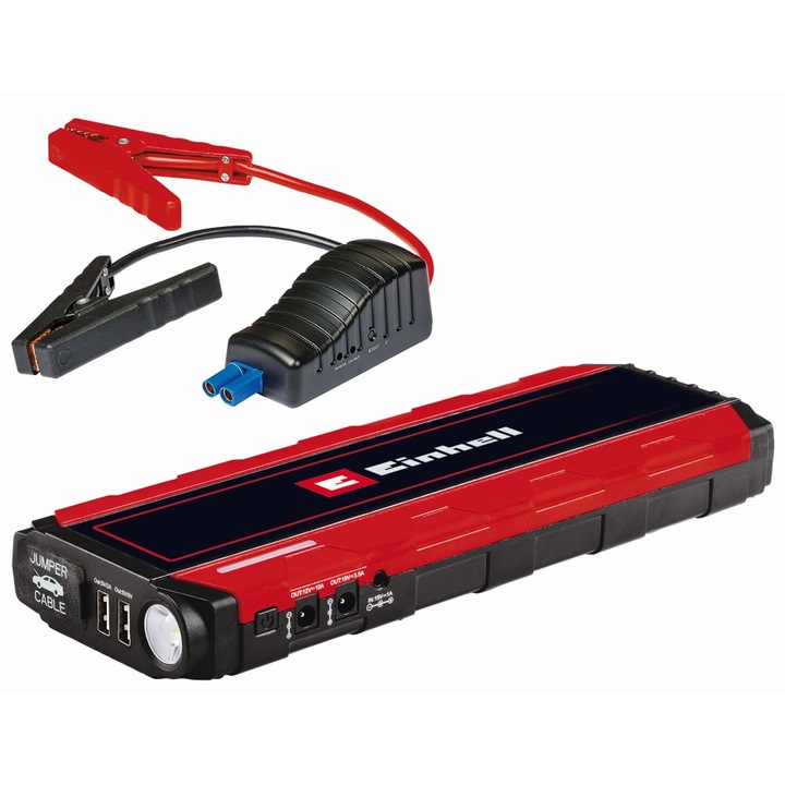 Външно зарядно устройство Einhell CE-JS 18, 12 V, Захранване 300 A/5 sec., USB 5 V/3 A, 12 V/10 A, 19 V/3.5 A, Акумулатор Li-Polimer 66.6 Wh, Време за зареждане 6 ч, Фенерче