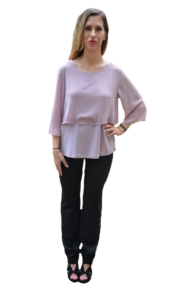 Bluza Hanna cu aplicatii de strasuri pe voal ,D&J Exclussive, pudra