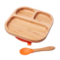 Farfurie diversificare din bambus cu ventuza anti-alunecare si lingurita - Dodoli Patrata, 17x17cm, Portocaliu