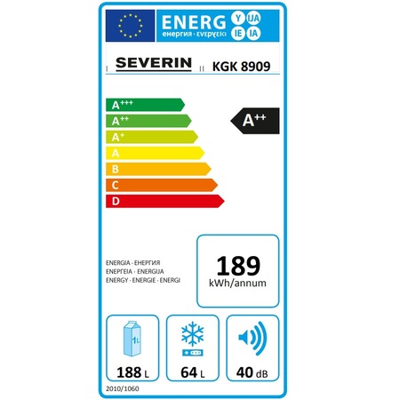 Combina frigorifica SEVERIN KGK 8909, frigider-congelator cu doua usi, A +++, 182 cm inaltime, 189 kWh / an , frigider 188 L, congelator 64 L, alb