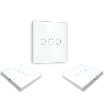 Set intrerupatoare tactile cu panou de sticla touch cap-scara/cruce wireless Triplu Tactil Set intrerupatoare tactile cu panou de sticla touch cap-scara/cruce wireless Triplu Tactil
