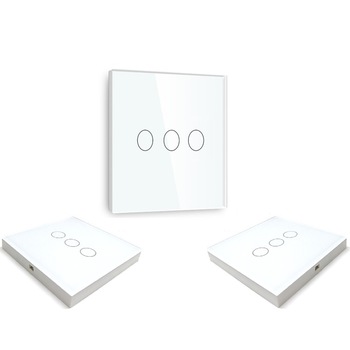 Set intrerupatoare cu panou de sticla touch cap-scara/cruce wireless Wifi+RF Triplu Tactil compatibil cu Google Home si Alexa Set intrerupatoare cu panou de sticla touch cap-scara/cruce wireless Wifi+RF Triplu Tactil compatibil cu Google Home si Alexa