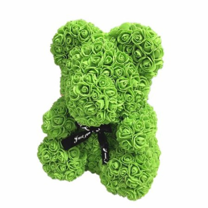 Zöld virágos mackó, kézzel díszített habrózsákkal, Teddy Bear 25 cm, díszdoboz mellékelve, HandMade by Urban Trends ®