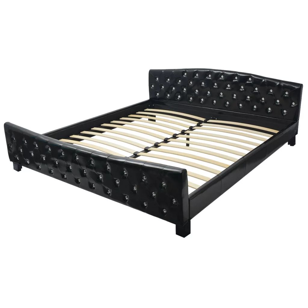Cadru de pat, vidaXL, Pin rosu chinezesc, piele artificiala si butoni decorativi, 180 x 200 cm, Negru