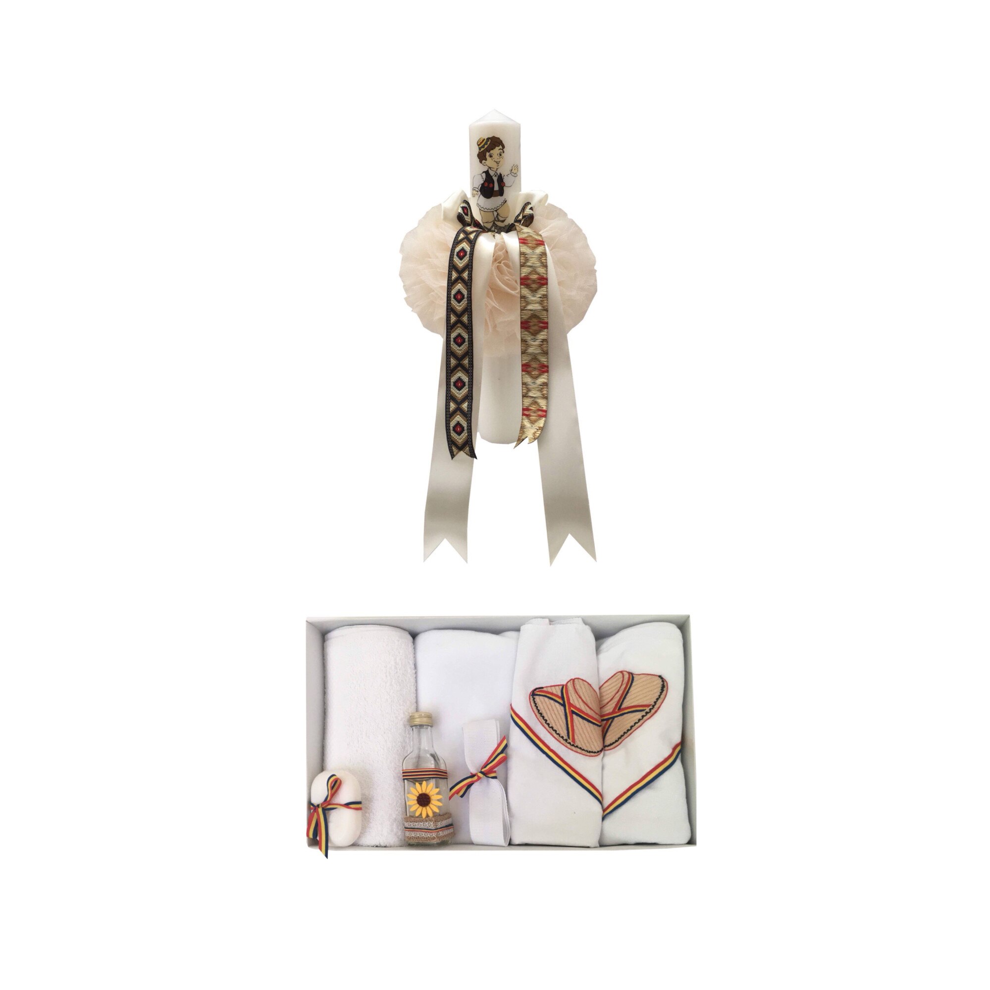 Lumanare si trusou Botez model Trditional , 8 piese,Alb