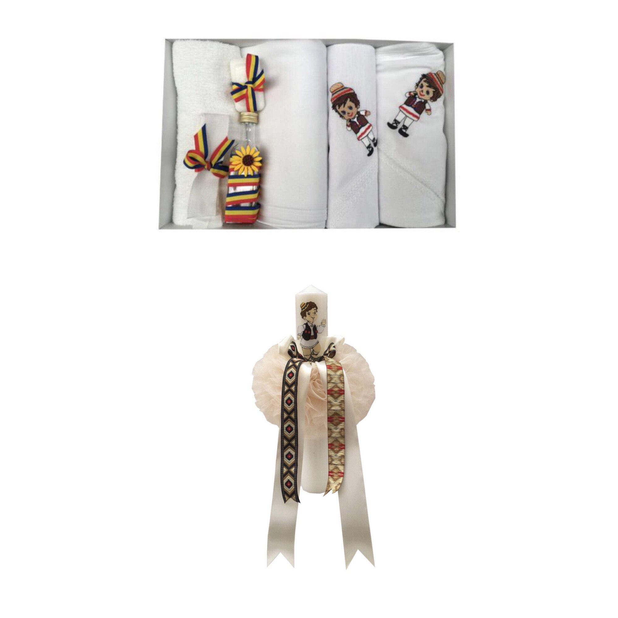 Set Botez 8 piese model Traditional ,Lumanare si Trusou 7piese,Alb