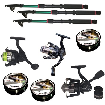 Set pescuite cu 3 lansete de 2,4m, trei mulinete si montura Set pescuite cu 3 lansete de 2,4m, trei mulinete si montura