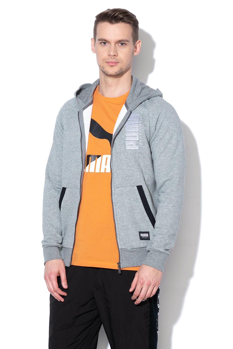 Puma, Hanorac regular fit cu captuseala din fleece si logo brodat Athletics 5, Gri melange