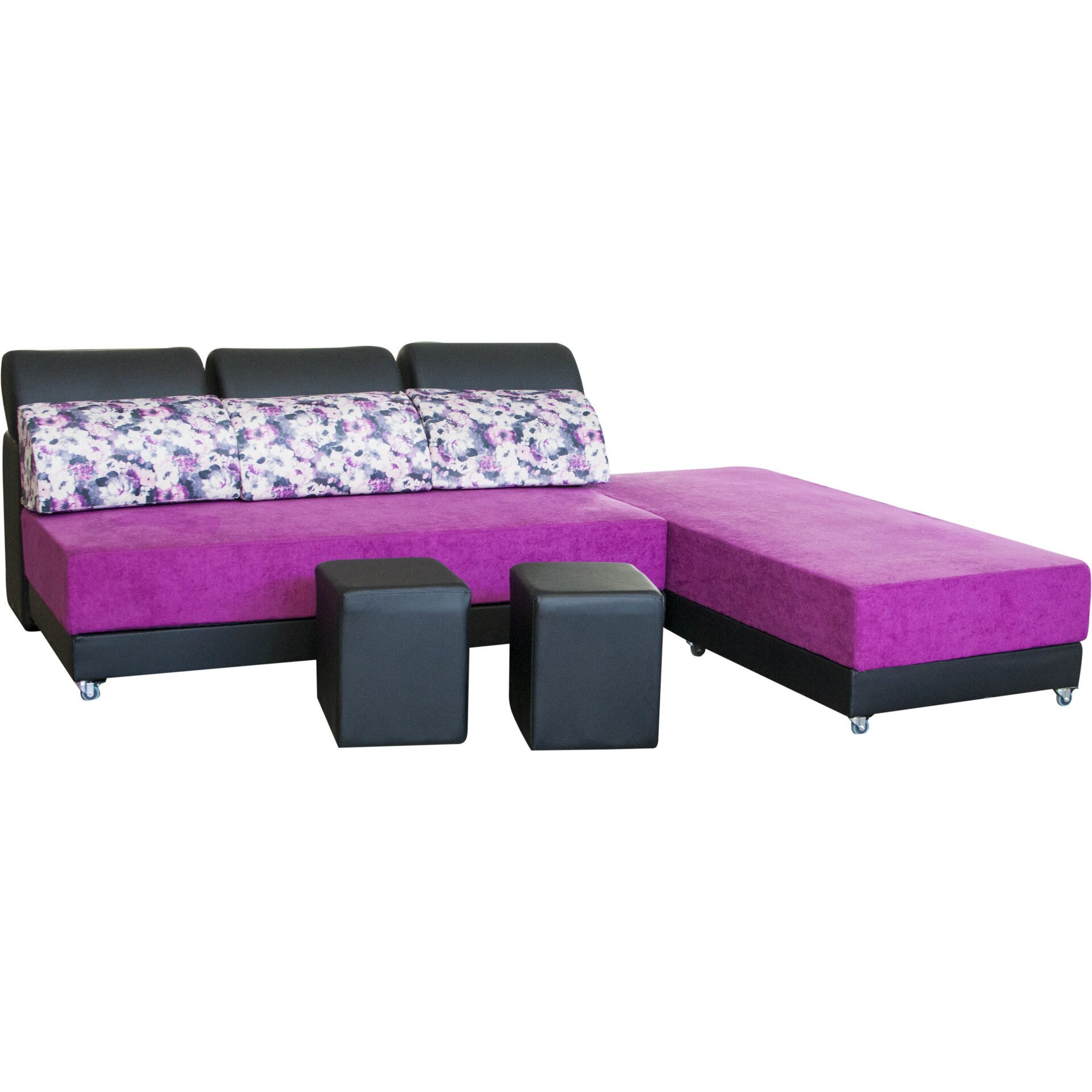 Coltar extensibil Sani Ankona cu Zona de Dormit 165/190 cm, Arcuri tip Bonell si 2 Tabureti, Mov