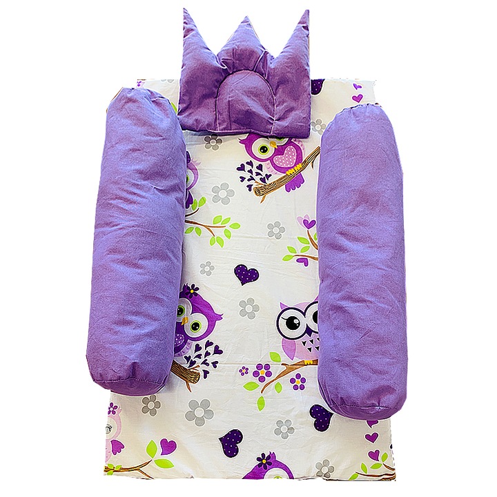 Set perna, fata perna si pozitionator pentru bebelus, Kapinkata, Bumbac, bufnite mov, multicolor