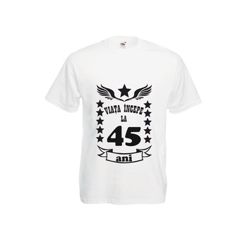 Tricou barbatesc Fruit of the loom Viata incepe la 45 ani alb 2XL Tricou barbatesc Fruit of the loom Viata incepe la 45 ani alb 2XL