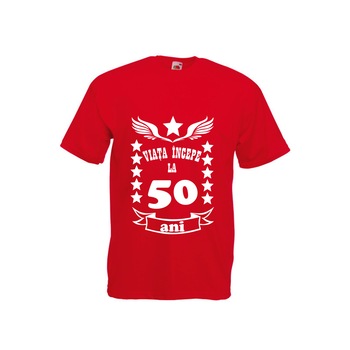 Tricou barbatesc Fruit of the loom Viata incepe la 50 ani ,rosu, L Tricou barbatesc Fruit of the loom Viata incepe la 50 ani ,rosu, L