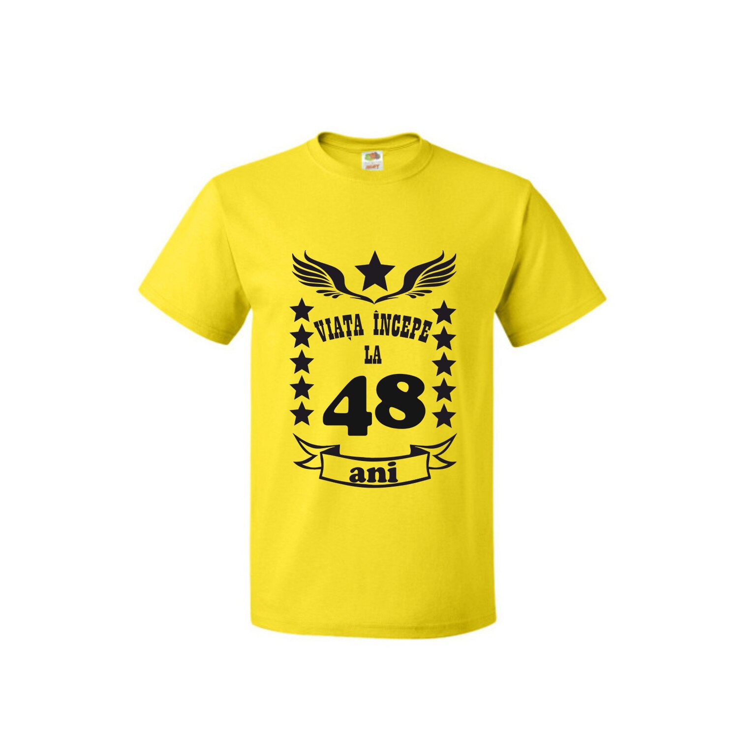 Tricou barbatesc Fruit of the loom Viata incepe la 48 ani galben 2XL