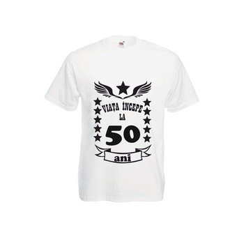Tricou barbatesc Fruit of the loom Viata incepe la 50 ani ,alb, 2XL Tricou barbatesc Fruit of the loom Viata incepe la 50 ani ,alb, 2XL