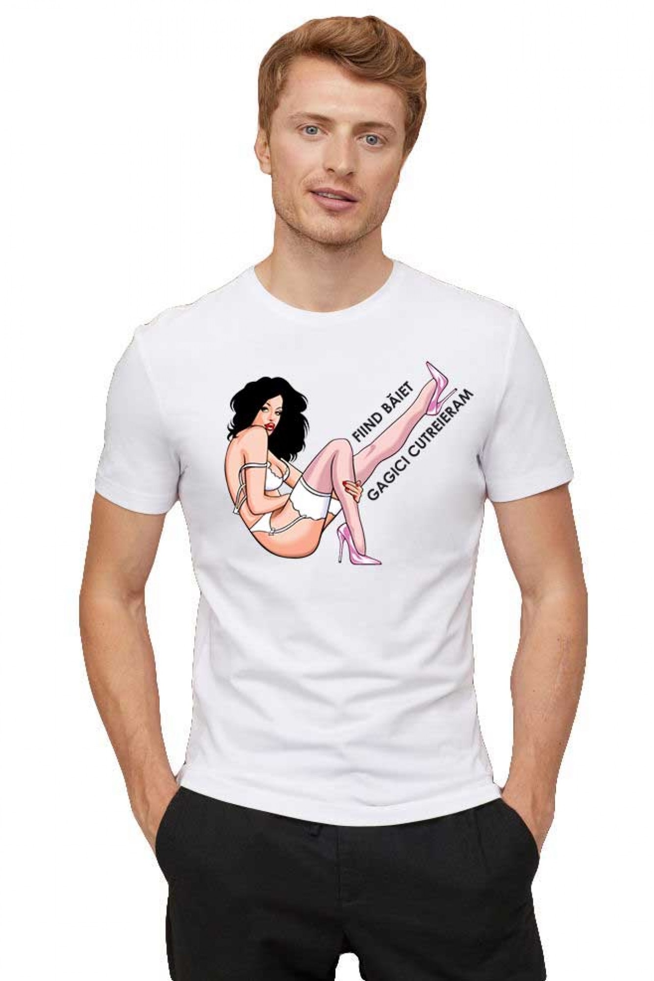 Tricou barbati alb - Fiind Baiet Cutreieram