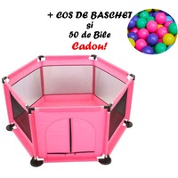 Tarc pentru Bebe Roz + cos de baschet + set de 50 de Bile Multicolore Cadou, dimensiune 128 x 113 x 65cm