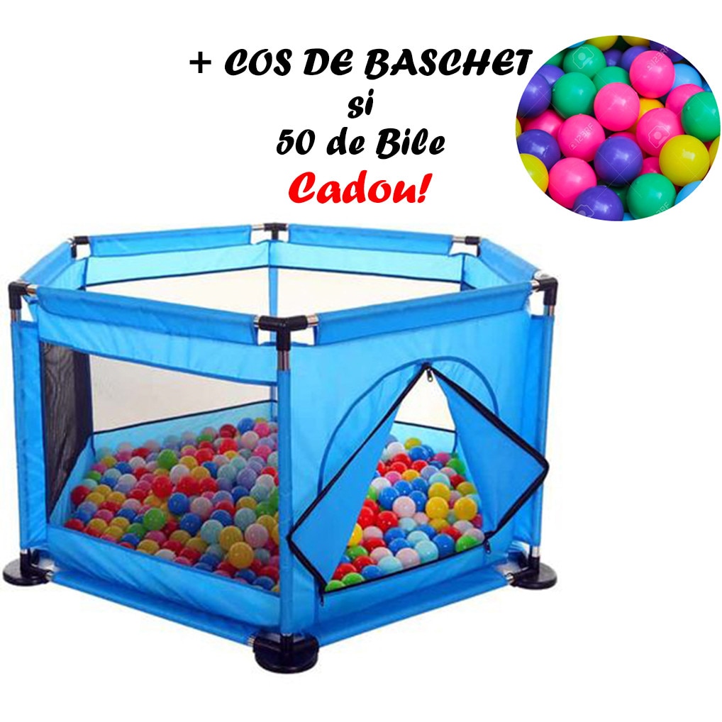 Tarc pentru Bebe Albastru + cos de baschet + set de 50 de Bile Multicolore Cadou, dimensiune 128 x 113 x 65cm