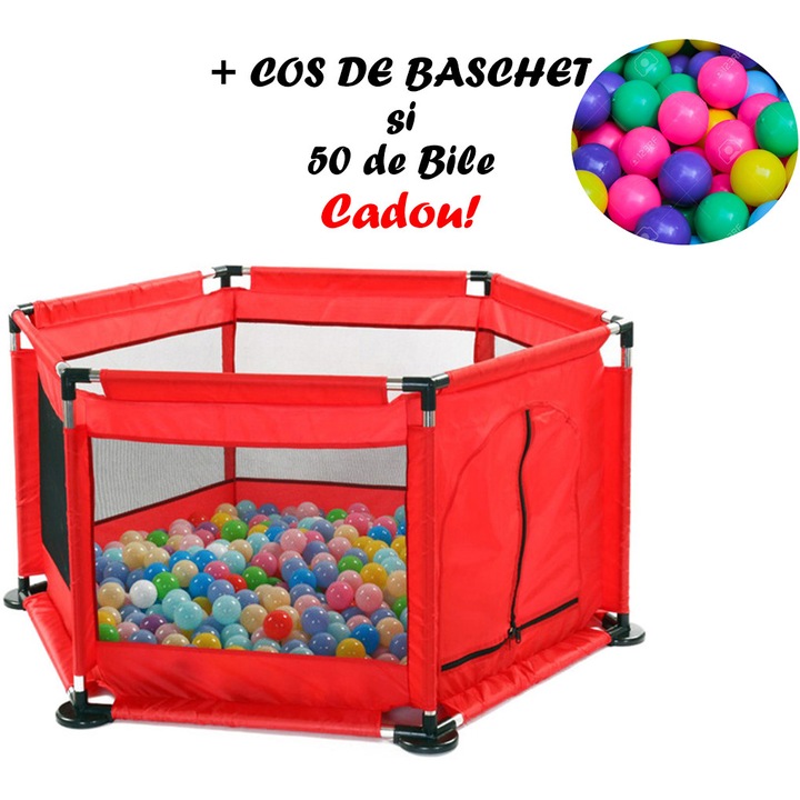 Tarc pentru Bebe Rosu + cos de baschet + set de 50 de Bile Multicolore Cadou, dimensiune 128 x 113 x 65cm