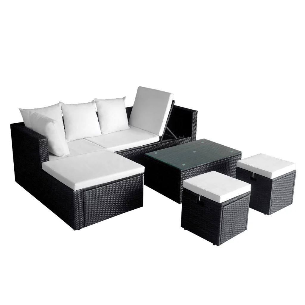 Set mobilier de gradina cu perne, 4 piese, negru, poliratan 42586