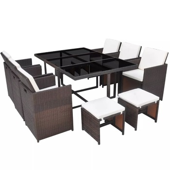 Set mobilier gradina/terasa/exterior 11 piese, vidaXL, Ratan/Sticla, 167 x 109 x 74 cm, Maro Set mobilier gradina/terasa/exterior 11 piese, vidaXL, Ratan/Sticla, 167 x 109 x 74 cm, Maro