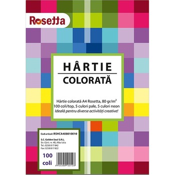 Hartie colorata Rosetta, 80 g/mp, A4, 100 coli/top Hartie colorata Rosetta, 80 g/mp, A4, 100 coli/top