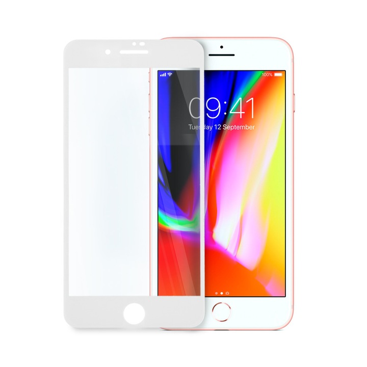 5D Стъклен Протектор за iPhone 8 Plus, Tempered Glass, Цялостно покритие и залепване, Бял