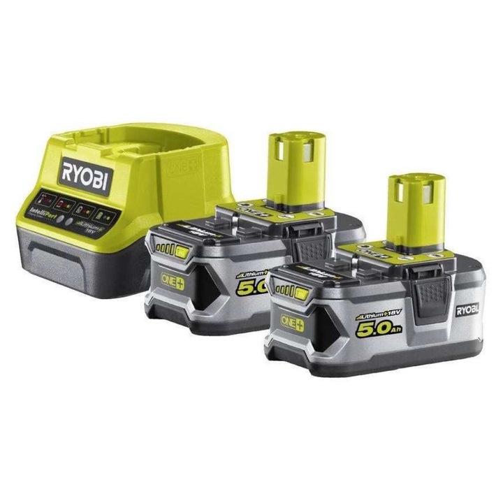 Set, Ryobi, 2 x acumulatori Li-ion ONE+ 5.0 Ah + incarcator, RC18120-250
